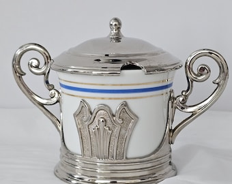 Vintage Art Deco Italy EP Zinc Chrome & Porcelain Jam Pot Or Sugar Bowl with Lid NO spoon