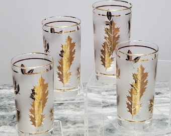 4 Libbey Golden Foliage Beverage 12.5oz Glasses 22K Gold Leaves Frosted MCM Drinking Glasses