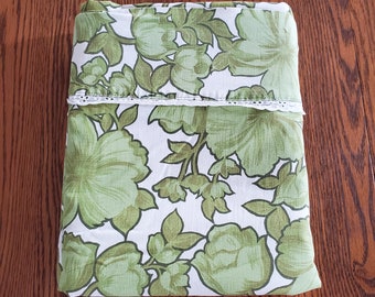 1970s Wabasso Marvel Press Madrid Pattern DOUBLE Flat Green Floral Top Sheet AS IS