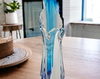 Vintage Swung Stretch Vase with Blue and White Accent Small Art Glass Vase Ruffled Edge 9in Oread Japan