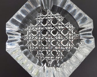 Clear, Cane & Criss Cross Cut Design Ashtray 5" Glass Ashtray - heavy