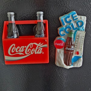 Vtg Miniature Coca Cola Carton w/bottles & Ice Cold Thermometer Fridge Magnets