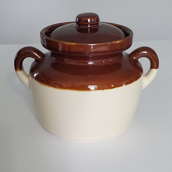 McCoy Bean Pot Crock with Two Handles. Two Toned Brown and Tan with Lid #341