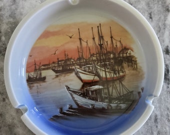 Vintage 5" Round OTAGIRI Ceramic Ashtray - Fishing Boats Scene - Japan