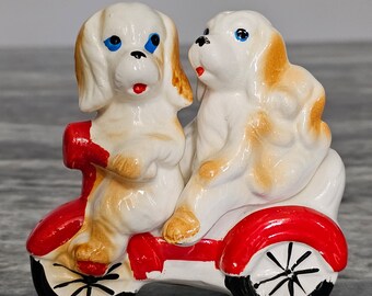 Lefton Enterprise Exclusive Anthropomorphic Dogs Riding a Tricycle Bike Salt & Pepper Shakers