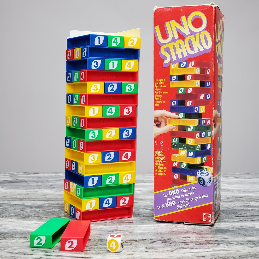 UNO Stacko 1995 Mattel Plastic Block Tower Stacking Game 50 Blocks