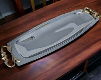 MCM Kromex Vogue Bread Serving Tray w/ Gold Tone Handles Polished Chrome 15in