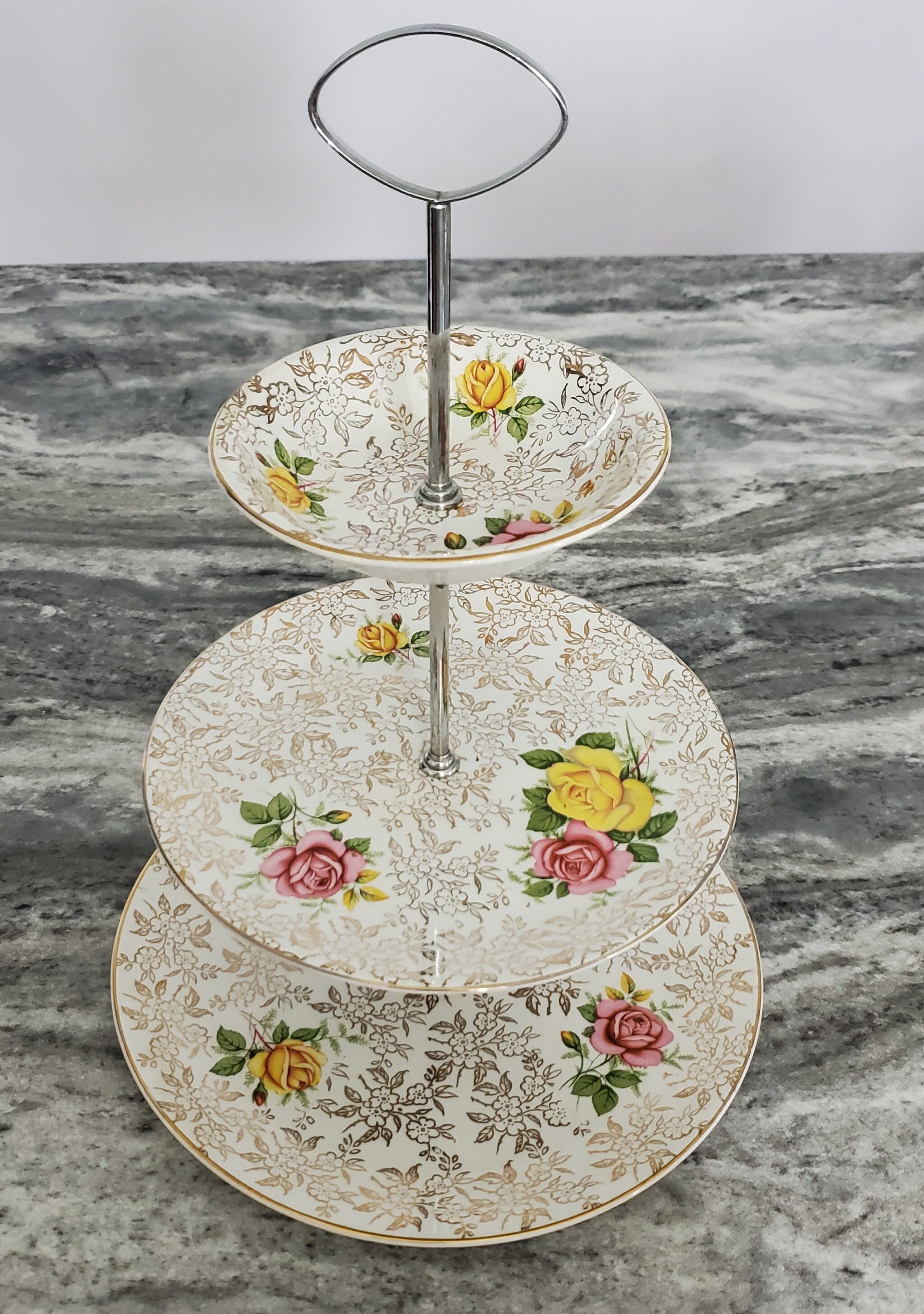 H. Aynsley & Co. Ltd 3 Tiered Cake Stand Roses W/ Gold H. Aynsley & Co. Ltd 3 Tiered Cake Stand Roses W/ Gold