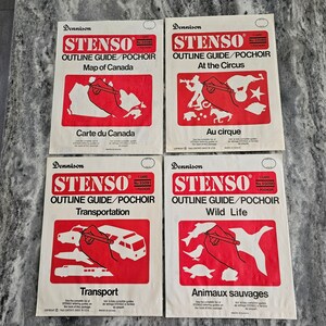 1966 Dennison Stenso Stencils Outline Guide - Carte du Canada, Transports, Au cirque, Faune - RARE