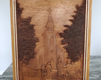 KIM MURRAY "Sunday Morning" Bas-Relief Faux Wood Carving Horse Buggy Going to Church Artwork Wall Decor