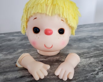 Craft Doll Ice Cream Mitzy Doll Head & Hands Plastic Yellow Acrylic Yarn Hair Blue Eyes 4"