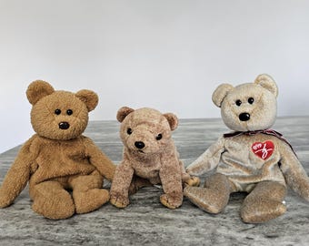 TY Beanie Babies Plush Lot of 3 - 1993 Curly Bear, 1999 Signature Bear, 1999 Pecan Bear