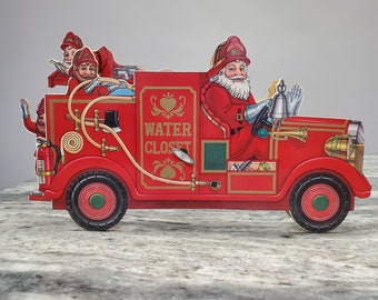 Santa w/ Elves Fire Engine Water Closet Musical Animated 3D Balsa Wood Christmas Decor Plays Here Comes Santa Claus - AS IS See video below