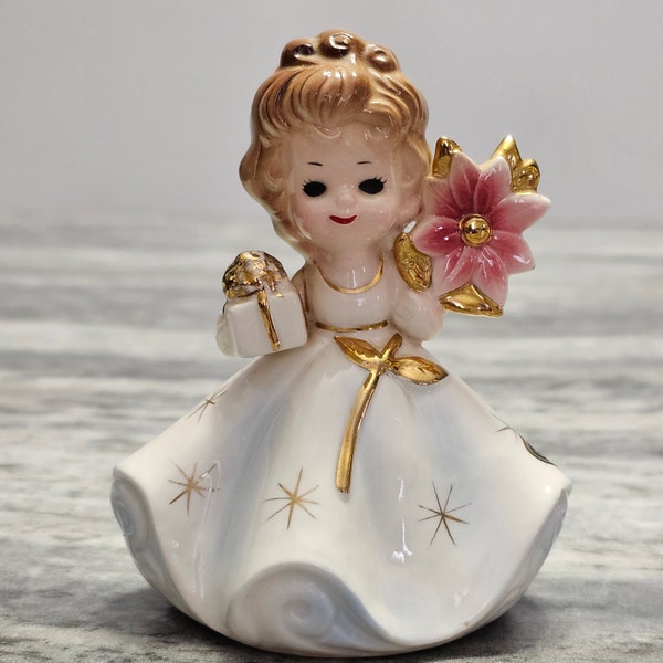 Josef Originals December Birthday Girl With Present White Dress Poinsettia Flower Figurine - HTF