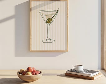 Martiniglasprint, vintage strepen keuken muurkunst, retro vintage cocktailposter, esthetische keuken, barwagen print, happy hour decor
