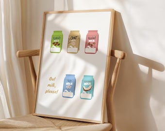Arte de pared imprimible con leche de avena, impresión de leche vegetal, arte digital, póster de leche vegana, descarga instantánea, póster de café, leche de soja, leche de almendras