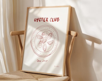 Oysters Club Print, Hand Drawn Oysters Poster, Kitchen Wall Drawing, Red Oyster, Foodie Art, Oyster Illustration, French Art, Retro Print