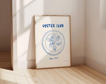 Oysters Club Print, Hand Drawn Oysters Poster, Kitchen Wall Drawing, Blue Oyster, Foodie Art, Oyster Illustration, French Art, Retro Print