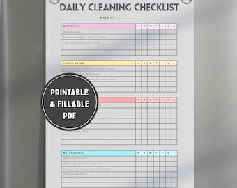 Lista de verificação de limpeza diária em PDF | Cronograma de limpeza profunda | Planejador doméstico semanal para imprimir | Rotina doméstica colorida | Download instantâneo em PDF