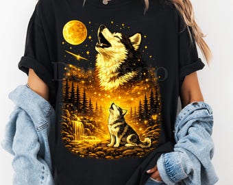 Howling Wolf Moon PNG, Fantasy Wolf Forest Illustration, Glowing Night Nature Graphic