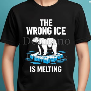 Puede incluir: Camiseta negra con un gráfico de un oso polar sobre hielo derritiéndose, y el texto "THE WRONG ICE IS MELTING". El diseño incluye detalles de agua y hielo azules. La camiseta también tiene el texto "300DPI/PNG/DIGITAL FILE".