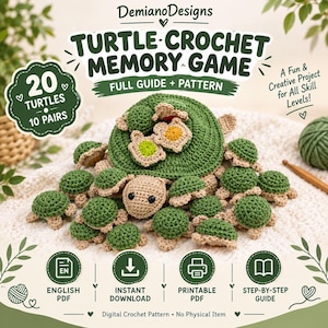 Pode incluir: Um padrão digital de crochê para um jogo da memória de tartarugas da DemianoDesigns. A imagem mostra vinte pequenas tartarugas feitas à mão em crochê, nas cores verde e bege, dispostas em pares. O texto inclui 'Turtle Crochet Memory Game' e '20 Turtles 10 Pairs'.