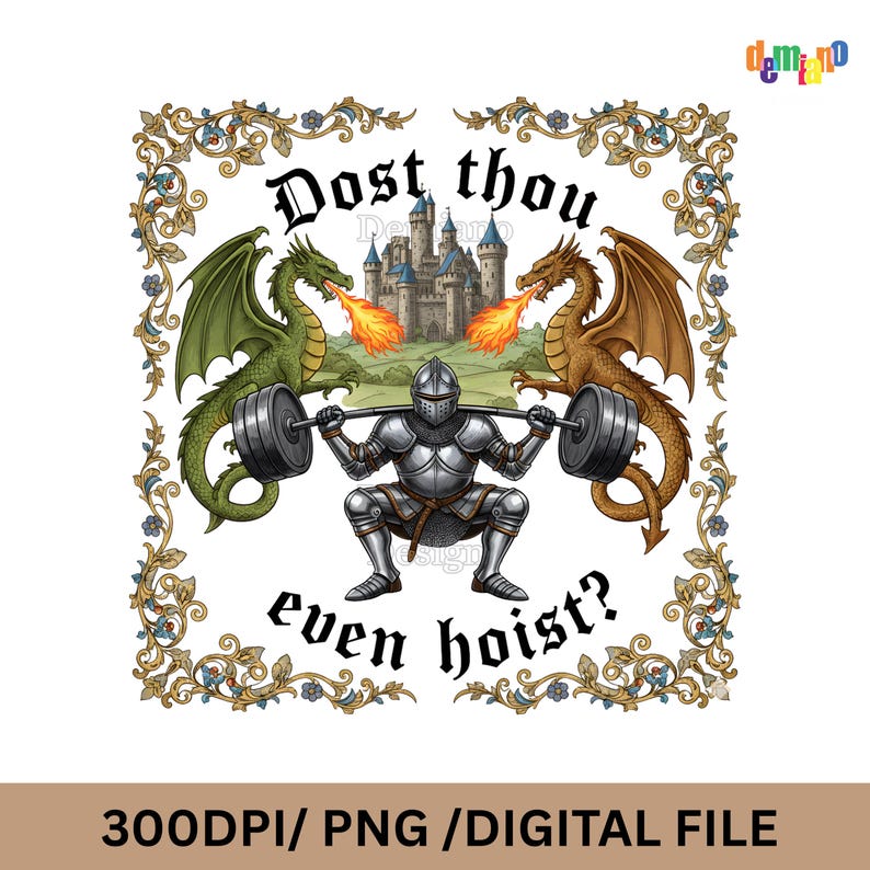May include: Digital file featuring a knight lifting weights, flanked by a green and brown dragon, with a castle backdrop. The text reads "Dost thou even hoist?" in a decorative frame. The bottom text reads "300DPI/ PNG /DIGITAL FILE".