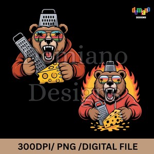 Puede incluir: Dos ilustraciones de osos de dibujos animados sobre un fondo negro. Los osos llevan gafas de sol y sudaderas con capucha rojas, sosteniendo ralladores de queso y queso. Un oso tiene un rallador en la cabeza. El texto "300DPI/PNG /DIGITAL FILE" está en la parte inferior.