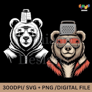 Puede incluir: Dos ilustraciones de osos con gafas de sol y un rallador de queso en la cabeza. Una es en blanco y negro, la otra es marrón con una chaqueta roja. Las gafas de sol reflejan palmeras y una puesta de sol. La imagen incluye el texto "300DPI/ SVG + PNG / DIGITAL FILE".