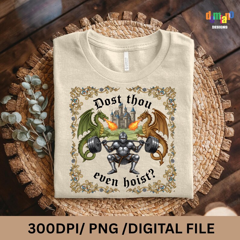 May include: Beige t-shirt featuring a medieval-themed design. The graphic includes a knight lifting weights, flanked by green and brown dragons breathing fire, with a castle in the background. Text reads "Dost thou even hoist?"
