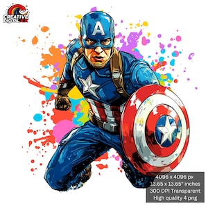 4 File Captain-png America-png per sublimazione - Alta risoluzione - Stampa magliette supereroi - Download immediato - Design animato