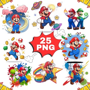Marionic Cartoonic PNG Bundle | 25 Cartoon Mari Clipart Files | Gamer Digital Download | Cute M Bros Stickers for Crafts Shirts, Kids design