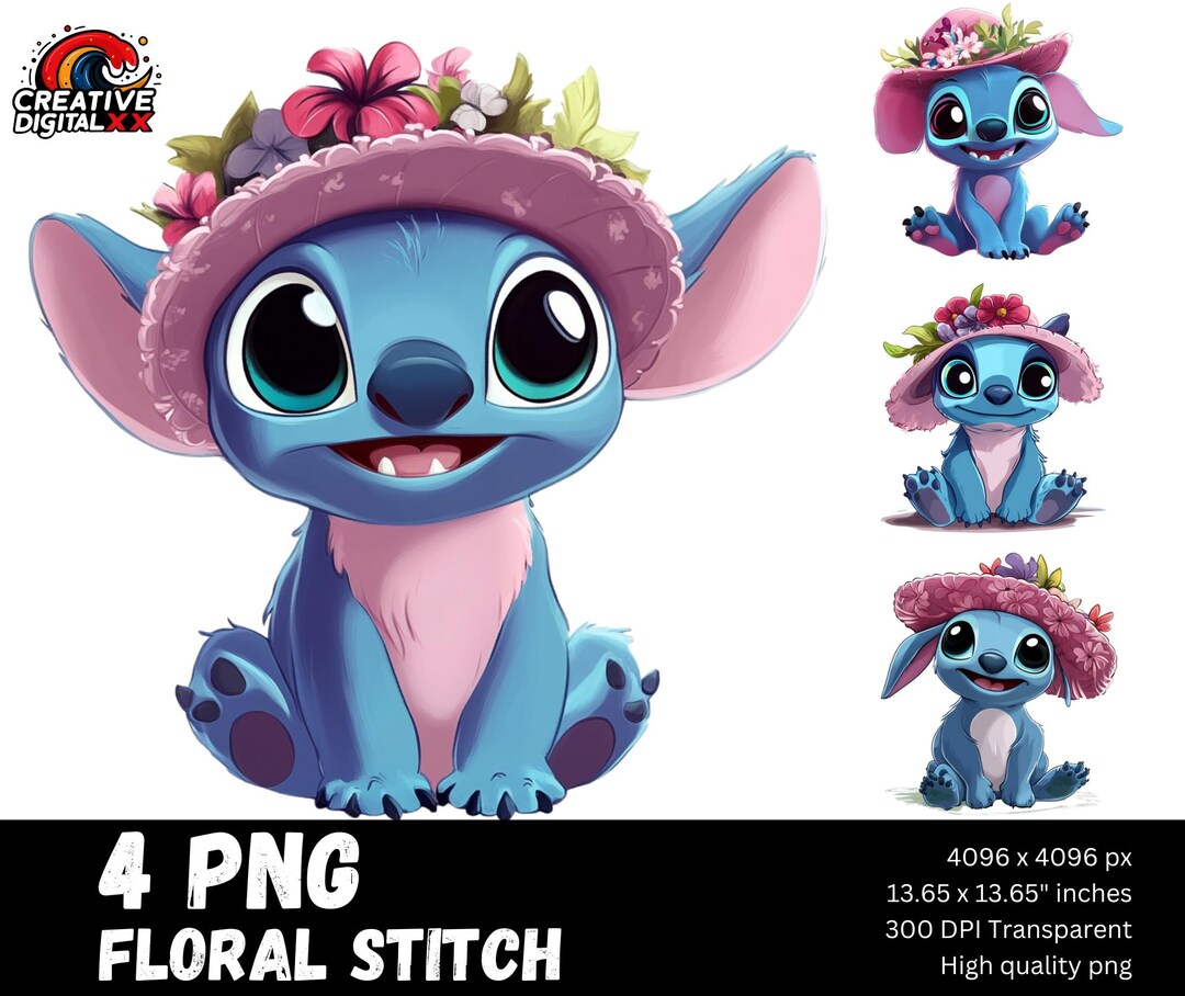 Floral Stitch Character PNG – Cute Digital Artwork With Flower Hat, 4 ...