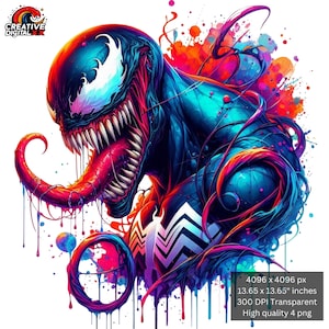 4 PNG Venom Digital Design Splash et aquarelle numérique Cartoon PNG fichier pour sublimation - haute résolution - personnages de films T-shirt Art