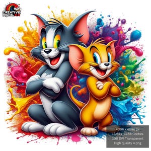 Tom And Berry Colour Splash Cartoon Characters Png, Cartoon Lover Digital File, Cat And Mouse, MGM Cartoons, Instant Download