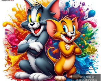 Tom And Berry Colour Splash Cartoon Characters Png, Cartoon Lover Digital File, Cat And Mouse, MGM Cartoons, Instant Download