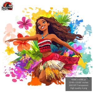 Tropical Island Girl PNG, Hawaiian Princess Clipart, Luau Birthday Digital Download, Moana-Inspired High Resolution Sublimation Design