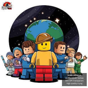 Retro Space Brick Minifigure Digital Art, Building the Future PNG, Gaming T-Shirt Design, High-Quality Transparent Printable File, Roblox