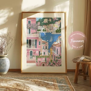Printable Feminine Wall Art – Girly Wall Art Pink Italian Coastal Town Art Print, Bedroom Decor | Digital Download | Home Decor Gift