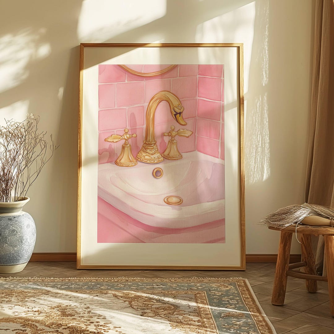 Golden Faucet in Pink Bathroom Art Deco Glamorous Vanity Decor