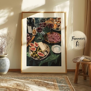 Wine & Cheese Dinner Party Wall Art Print – Charcuterie with Figs, Olives Still Life for Kitchen or Dining Room Decor | Femmecor