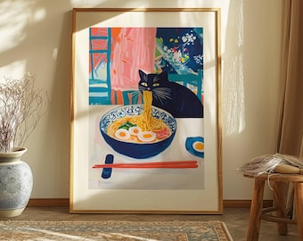 Kitchen Wall Art Print | Colorful Ramen Bowl & Black Cat