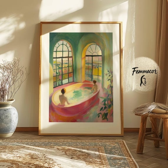 Bathroom Art Print – Calming Spa Bathtub Scene, Elegant Figures in Bath Art | Unique Wall Decor, Painterly Print | Femmecor Fine Art