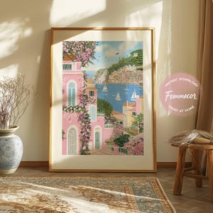 Printable Feminine Wall Art – Girly Wall Art Pink Coastal Town Italian Village Art, Bedroom Decor | Digital Download | Calming Wall Art