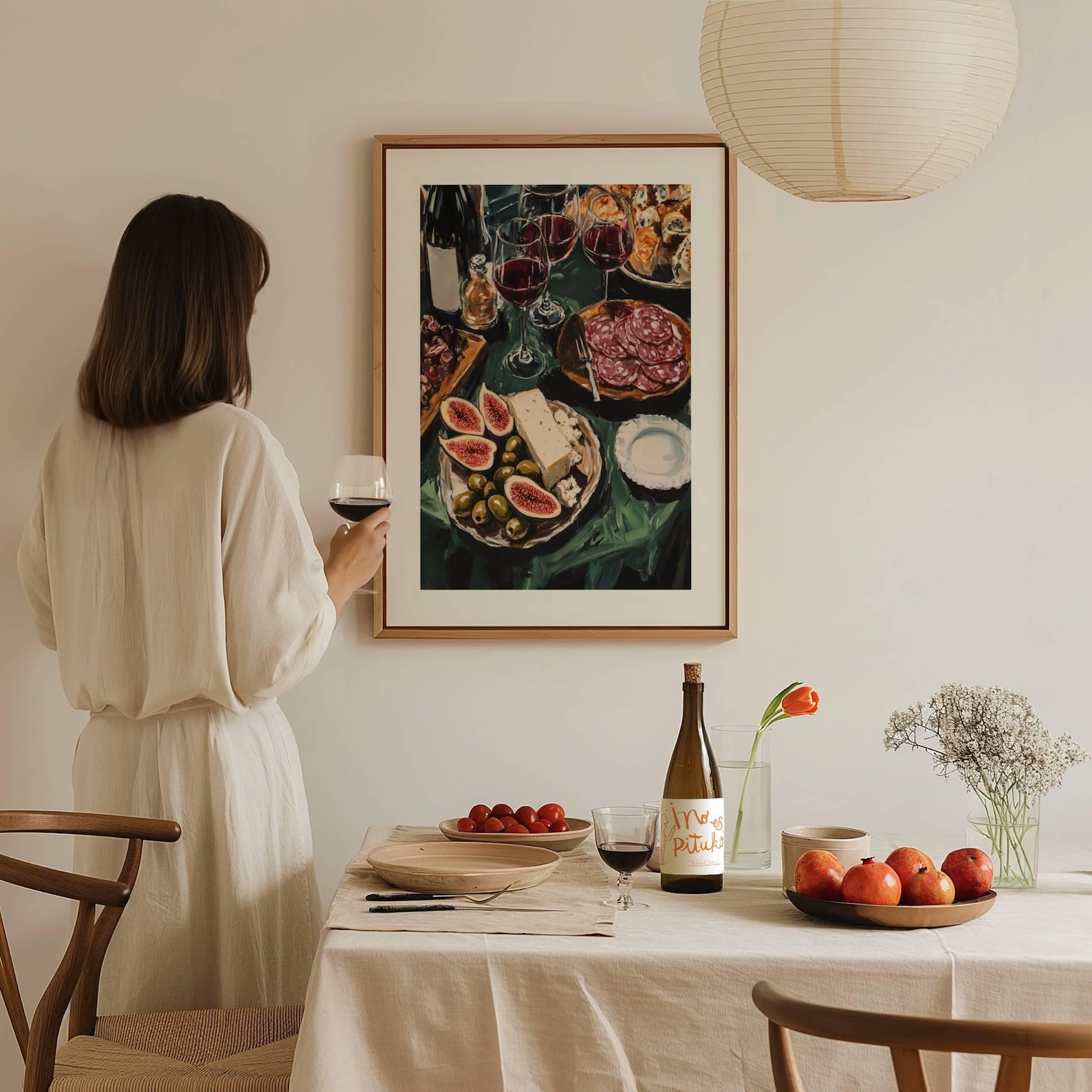 Kitchen Print: Wine and Cheese Dinner Party. Statement Wall Art for Apartment Decor - 16" x 20"