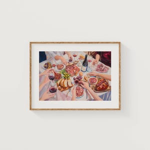 Decoración de pared para la cocina: Mesa para una cena con vino y queso. Descarga digital imprimible.