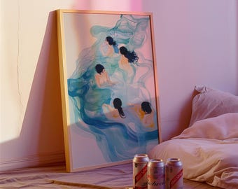 Sea Swimming Art Print, Painterly Mediterranean Swimmers, Coastal Wall Art, Blue Watercolor Decor
