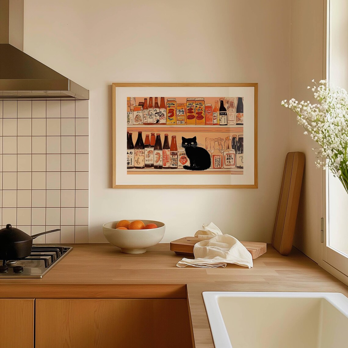 black cat chef art print: boho kitchen cooking poster... Printable Black Cat Kitchen Art – Japanese Pantry Illustration Digital ...