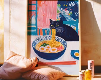Black Cat Ramen Print, Colorful Kitchen Wall Art, Foodie Decor