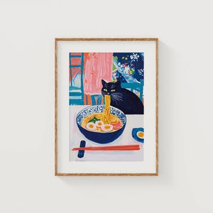 ファンキーな猫のプリント、バーカートアート、ラーメン猫のプリント、かわいいプリント、ガーリーなアートワーク、芸術的なプリント、ドーパミンの装飾、ダイニングルームの壁アート、Japandi